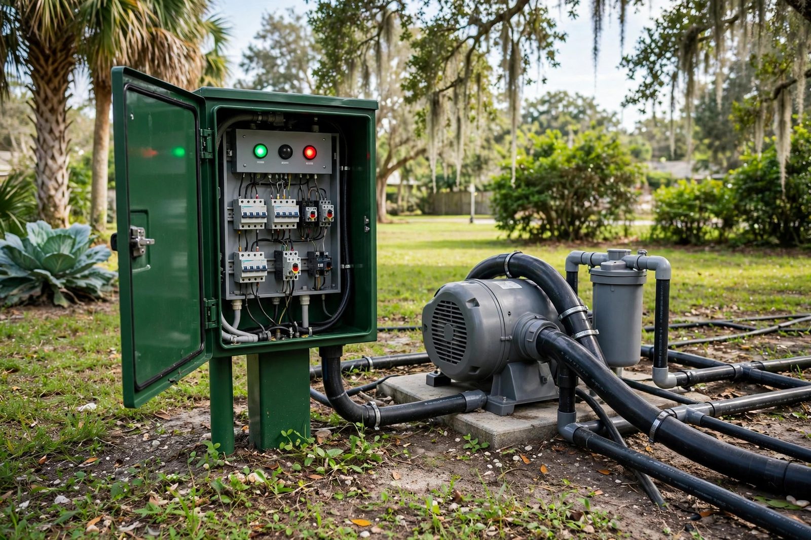 ATU aerobic septic system control panel and blower in a Florida yard