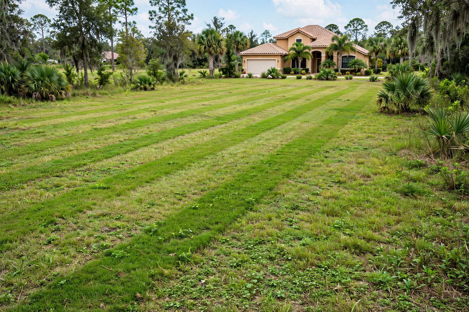 Drain field yard with lush grass stripes over the field lines at a Golden Gate Estates home