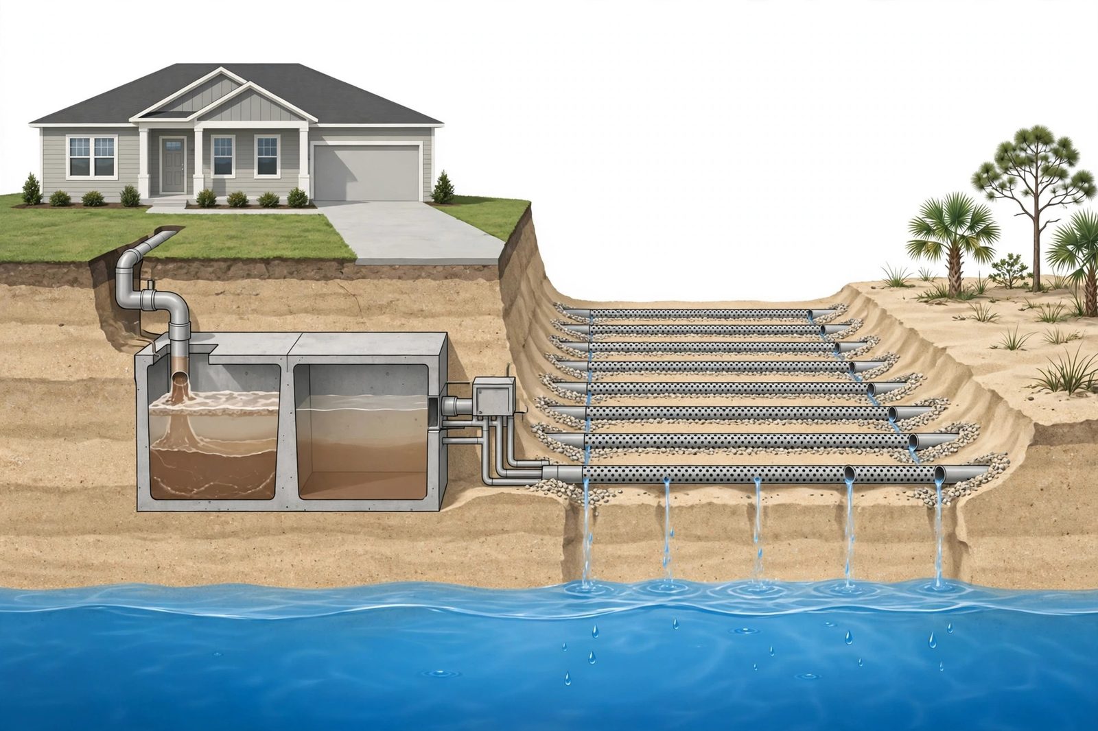 How a septic tank and drain field work under a Florida home