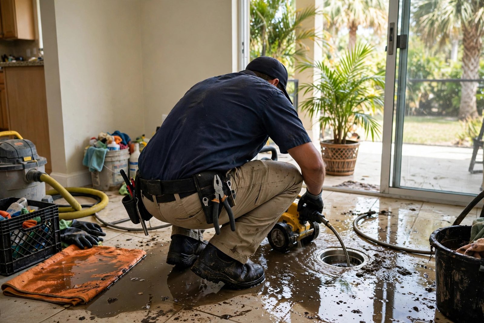 Technician addressing a septic backup at a floor drain in a Florida home