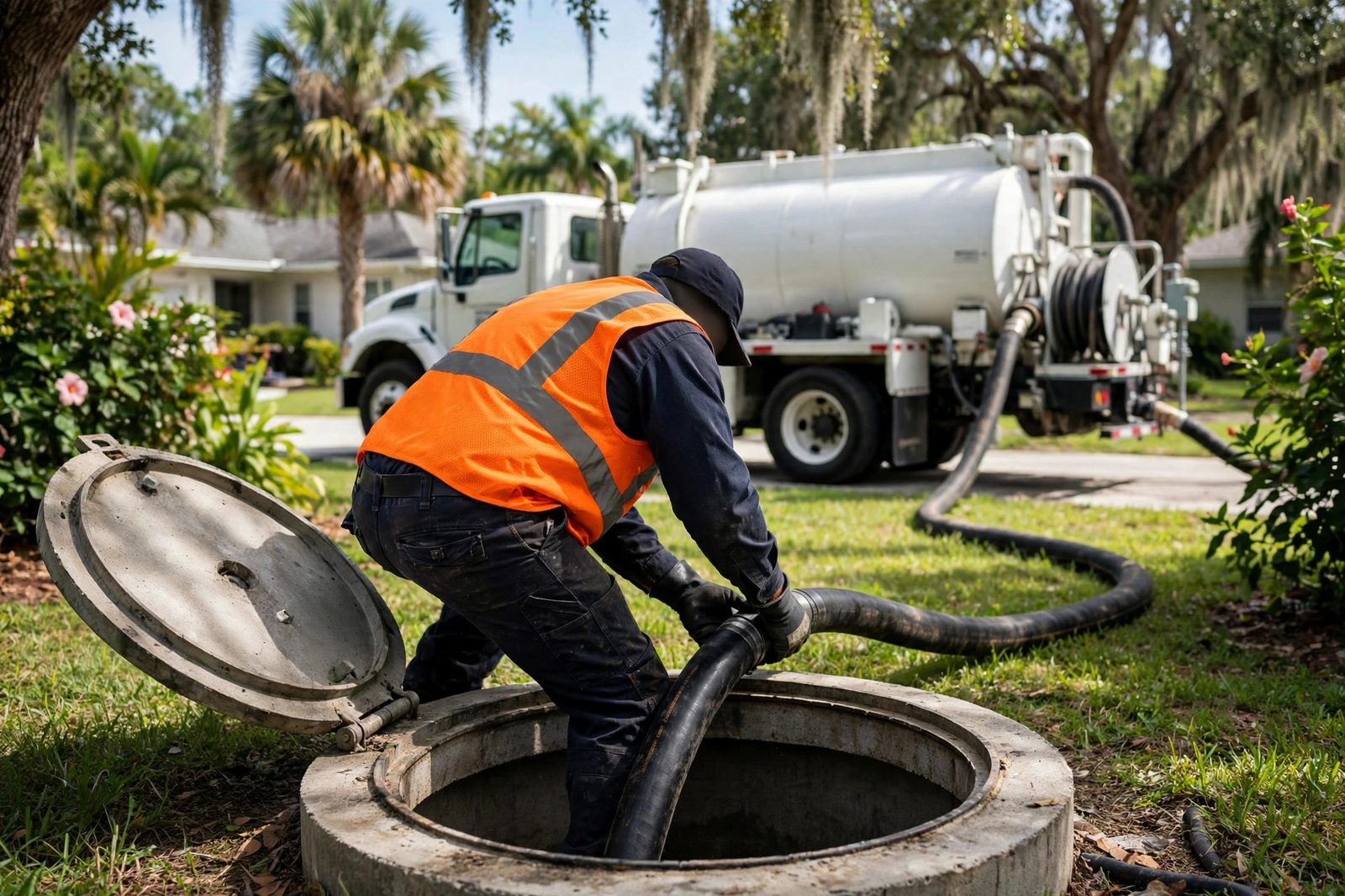 Septic tank pumping in a Florida yard, Golden Gate Estates
